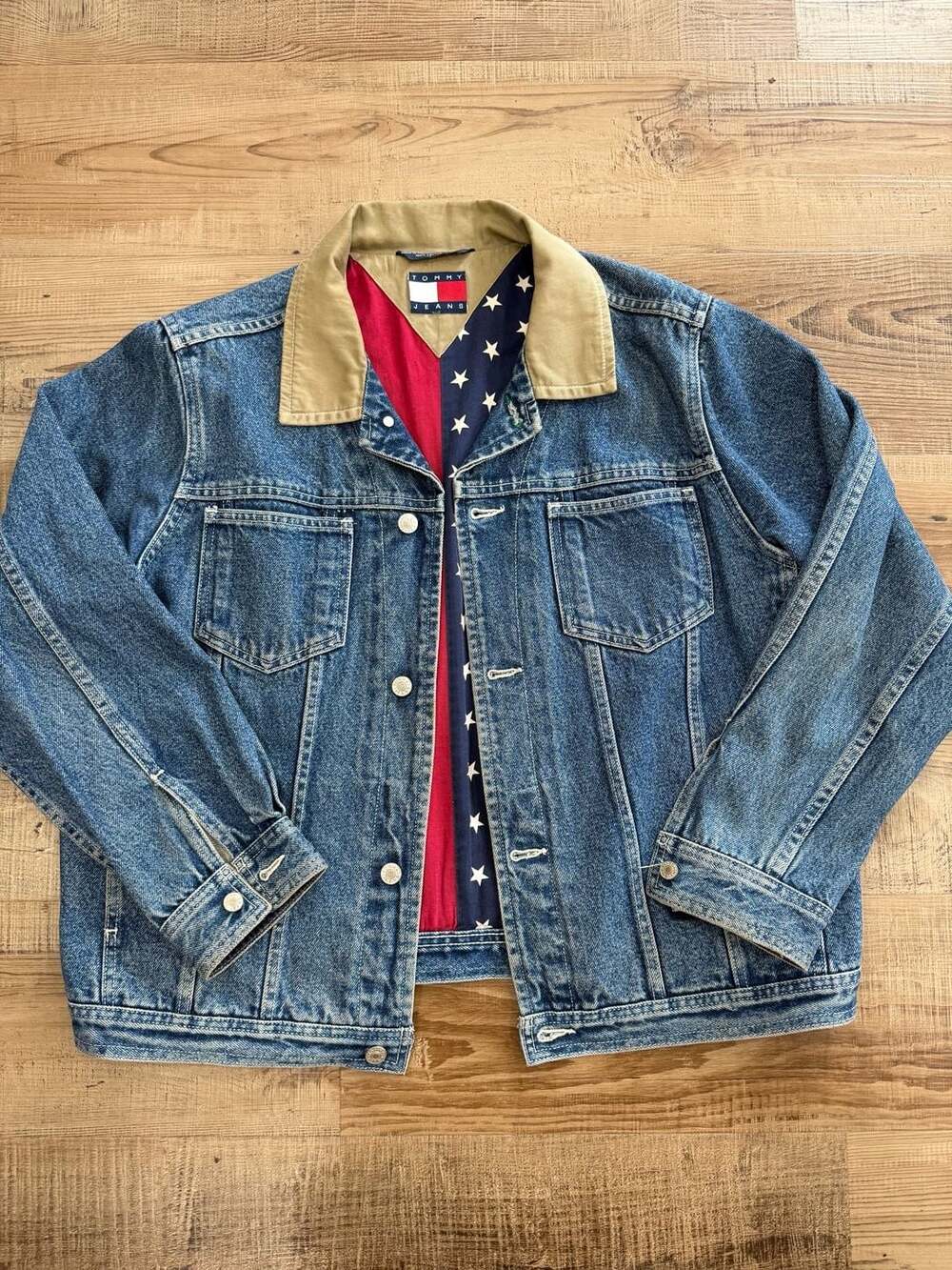 Vintage 90s Tommy Hilfiger American Flag Lined Corduroy Collar Denim Jacket